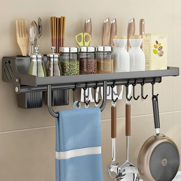 Spice Rack Wall, 50 cm Wall Mounted Kitchen Shelf with 8 Hooks, Hanging Kitchen Holder No Drilling for Kitchen, Bathroom