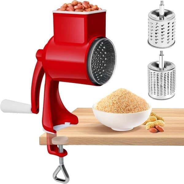 Manual Nutcracker with 2 Removable Drum Blades, Cheese Grater with Crank, Peanut Grinder, Almond Grinder