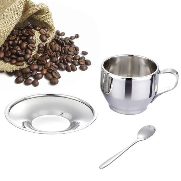 Isoleret kaffekopsæt - Dobbeltvæggede espressokopper i rustfrit stål Latte Cappuccino Tekop med underkop og ske 125 ml (sæt med 2)