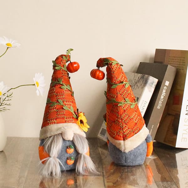 Höstskörd Pumpatomteprydnad, Orange Höstsolrosor, Grön Blad Svensk Tomteplyschdocka