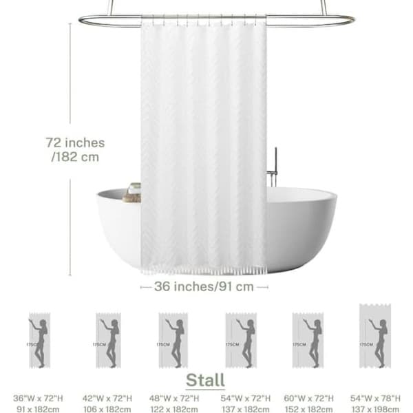 Extra Long Shower Curtain in White - Boho Minimalist with Tassels and Chevron Pattern 91*183CM