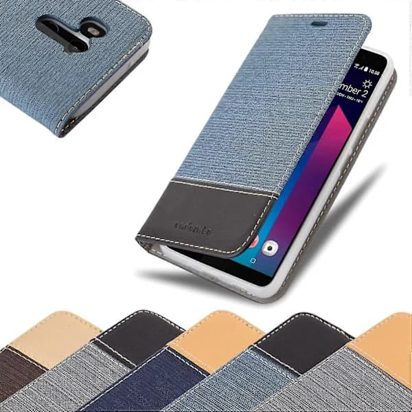 HTC U11 PLUS Skallveske - i Jeanslook med Stativfunksjon og Kortlomme LYSGRÅ-BRUN[CO]