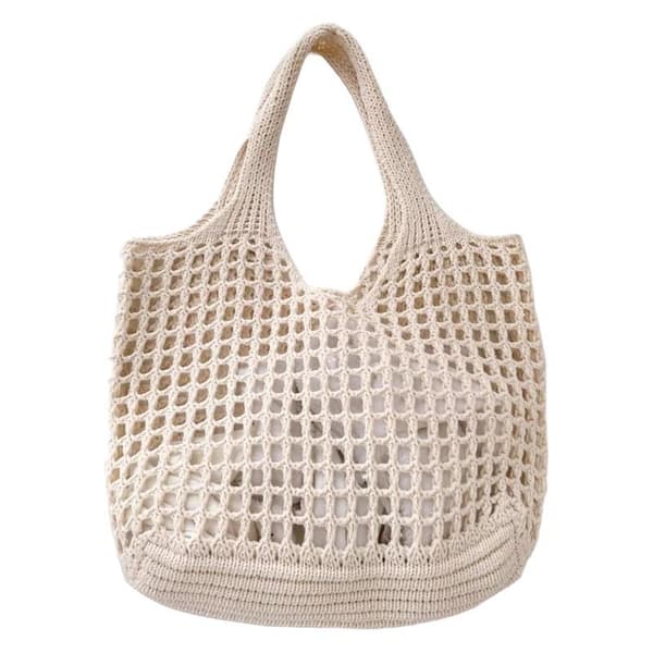 Stor hæklet strandtaske til kvinder, strikket mulepose, sød rejsetaske, råhvid 44x56cm