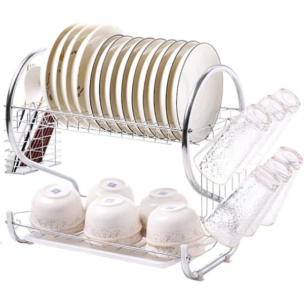 2-Tier Dish Drying Rack with Removable Drain Board, Kitchen Storage, Space Saving Dish Rack with Utensil Holder for Efficient Kitchen