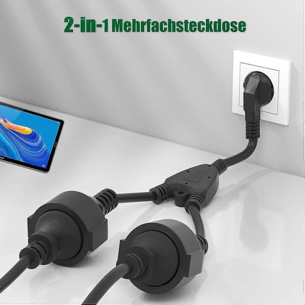 Double Plug for Sockets, 2-Way Power Strip with Flexible Cable, 16 A/250 V/Max 3680 W, German Adapter Socket Extension for Kitchen, Office, Home, B