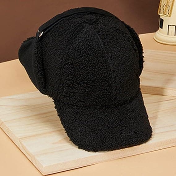 Svart lammfleece baseballkeps tjock mössa som täcker öron utomhus vindtät varm skärmmössa snömössa för