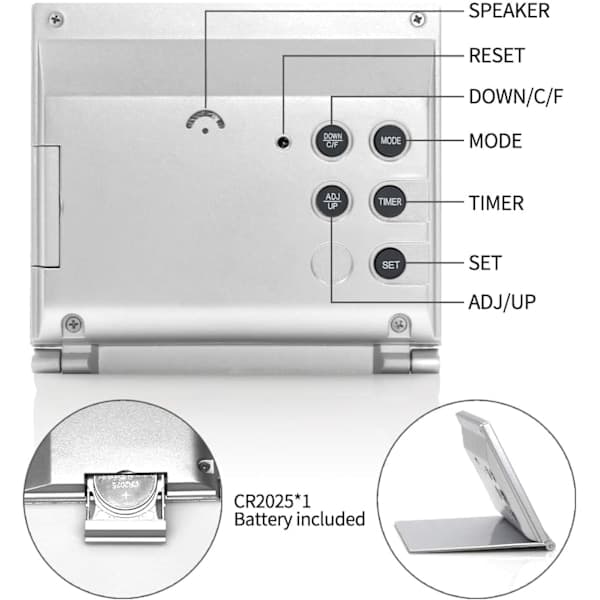 Digital Travel Alarm Clock - Foldable Calendar Temperature LCD Clock with Snooze Mode - Large Digit Display, Battery Operated (Silver, No Backlight)