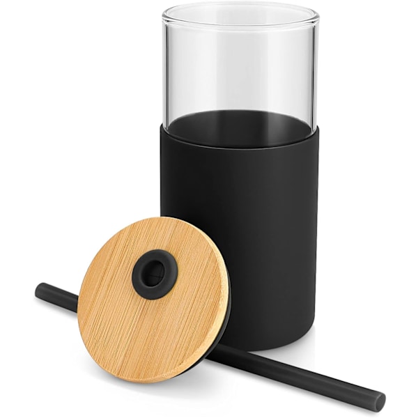 47 cl glastumlare med sugrör och bambulock, återanvändbar iskaffemugg, smoothie-muggar, tumbler med silikonskydd - svart