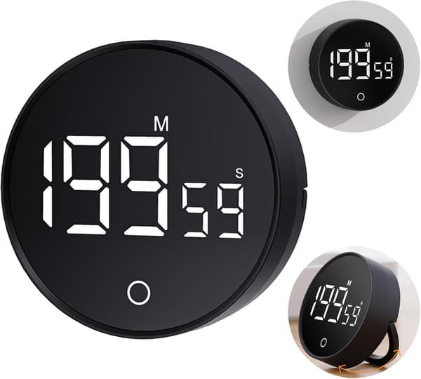 Digital køkkentimer (sort) - Visuel timer stor LED-display magnetisk stativ nedtællingstimer justerbar lydstyrke og