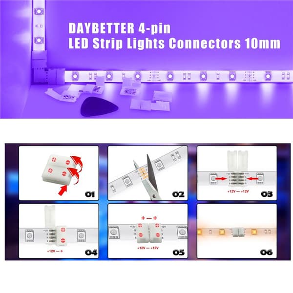 LED-stripforbindelsessæt til 5050 10 mm 4-benet, 4-benede L-formede LED-stik, loddefri LED-striptilbehør til gør-det-selv