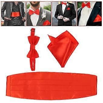 3 st Herr Satin Fluga Cummerbund Hanky Näsduk (Röd)