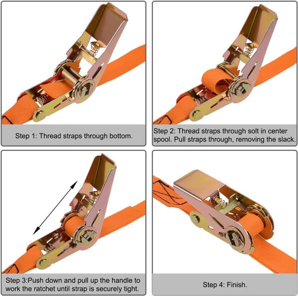2 Tie-Down Straps - 2.5 cm x 5 m, Ratchet Straps, 800 kg Breaking Strength - for Motorcycles, Trailers - Orange