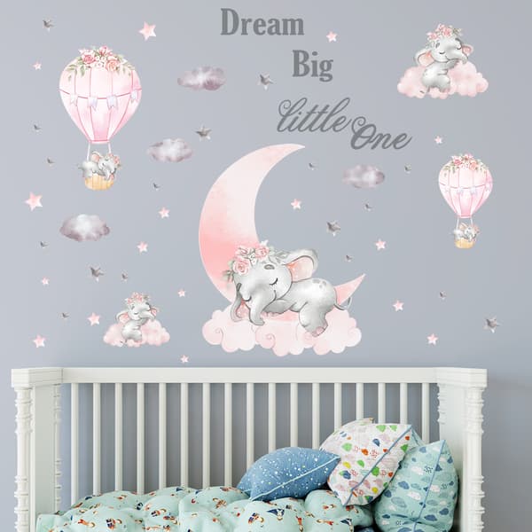 Large Pink Baby Elephant Wall Sticker, Cute Five Grey Elephants P