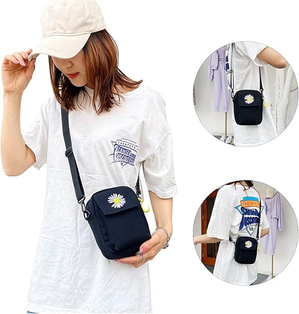Crossbody Phone Bag, Cute Mini Canvas Shoulder Bag with Zipper, Double-Layer Cell Phone Wallets with Adjustable Strap