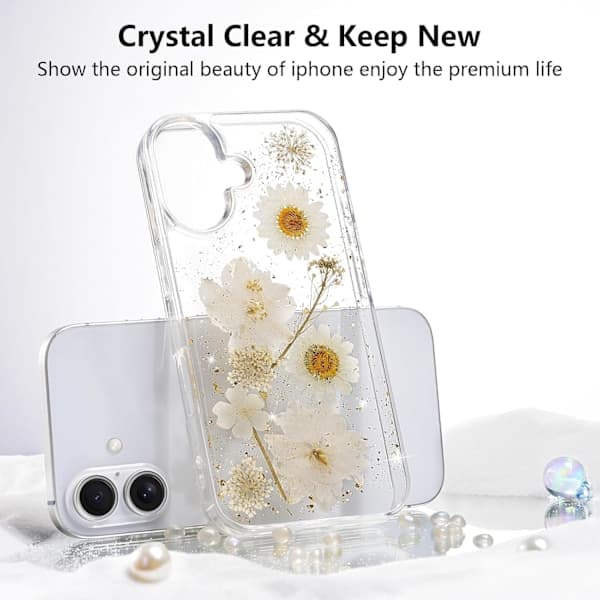 (Daisy) Blomsteretui til iPhone 16 Gennemsigtigt etui med ægte tørrede blomster, glitrende sødt blomsterdesign til kvinder og piger