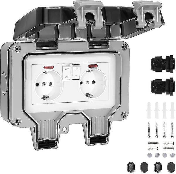 IP66 Waterproof Outdoor Socket Double Power Outlet and Protective Box Garden Wall Socket, Dust and Windproof Socket with Switch, Indicator