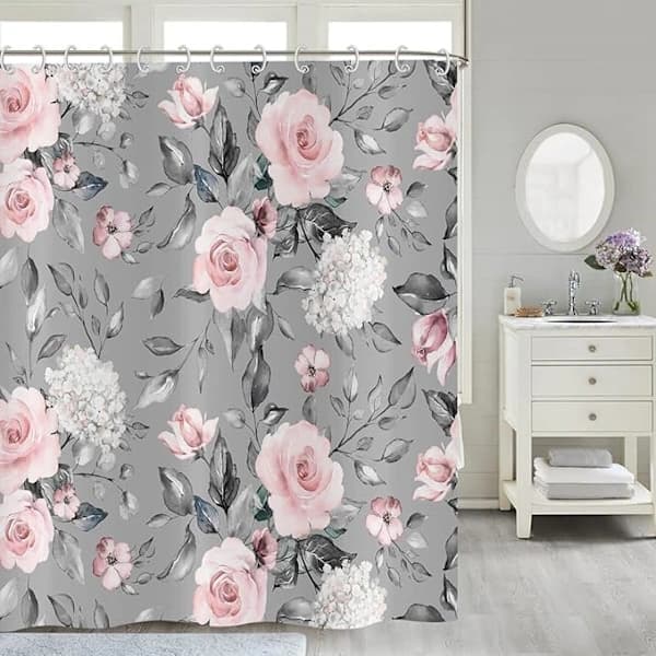 Blomstret dusjforheng Vanntett polyesterstoff til bad Rosa Grått Rosemønster 180 x 200 cm