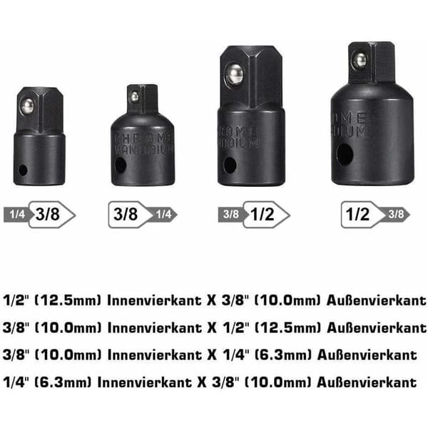 Hylseadapter 1/2 3/8 1/4 sekskantboradaptersett muttertrekkerredusering hylseadapterkonverter skrallebits (svart)