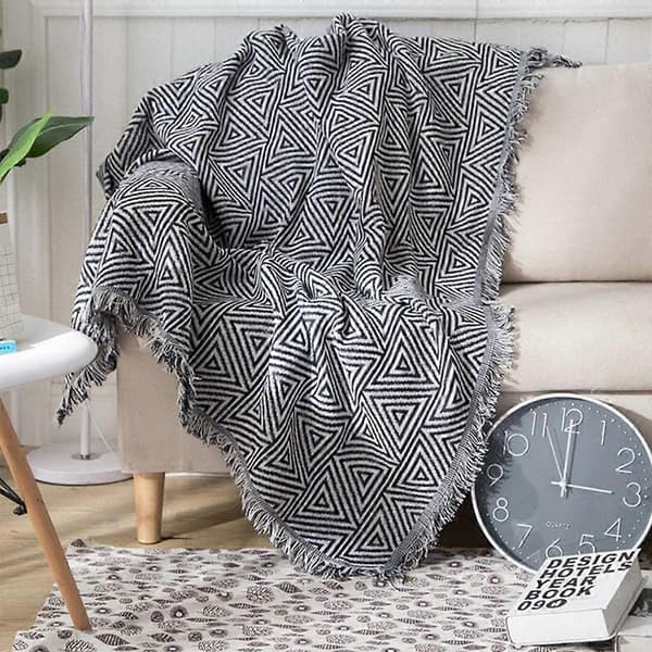 Sort og Hvid Sofabetræk 90 x 180cm - Møbelbeskyttelse - Dekoration - Sofabetræk i Bomuldsstrik med Frynser - Gaveidé - Ét Stykke