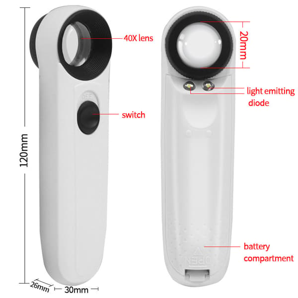 White 40X Handheld Dual LED Illuminated Antique Jade Jewelry Stamp HD Identification Magnifier with Leather Case