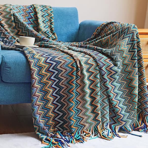 Boho-pledd i strikket design med dusker for utendørs bruk, (blå 50x60