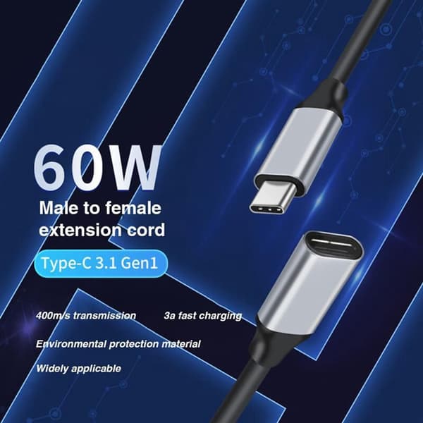 USB Typ-C hane till hona förlängningskabel 3.1 Gen1 400M/S 3A PD60W 4K HD-överföringskabel