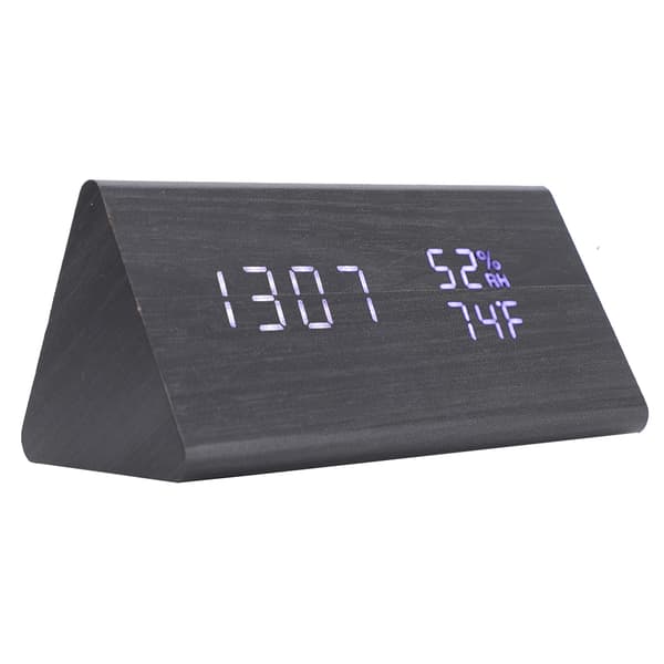 Digital LED Wooden Table Clock Voice Control Triangular Temp Humidity Alarm White Light
