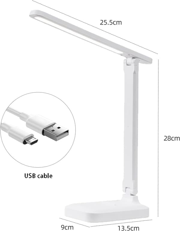 Skrivebordslampe, LED-bordlampe, sammenklappelig 3-farvet belysningsniveauer, USB