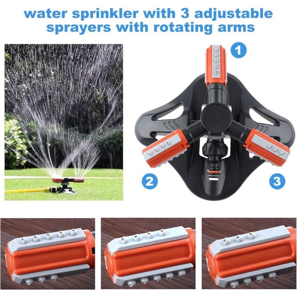 Garden Sprinkler, 360° Rotating 3-Arm Automatic Lawn Sprinkler Watering Irrigation