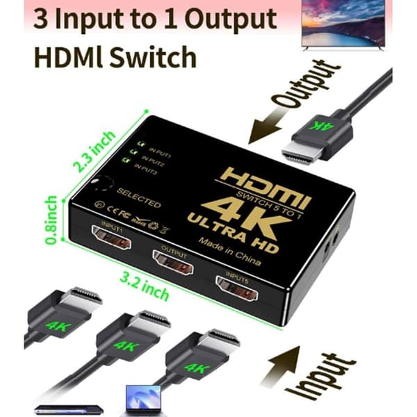 3x1 4K HDR HDMI Switch with Remote Control - 3 Inputs 1 Output Ultra HD Selector