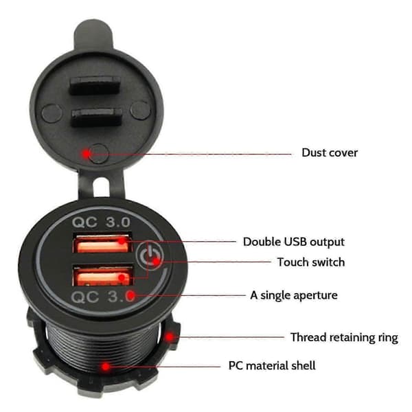 Dual USB Car Charger Socket Compatible 12V-24V Motorcycle Boat Red Light