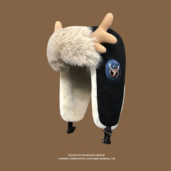 Deer Antler Hat Women's Winter Plush Thickened Warm Hat Outdoor Cycling Windproof One Size