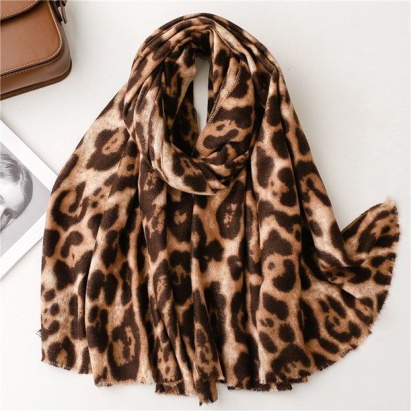 Mode leopardmönstrat lång halsduk för kvinnor Silkessjal i bomull 1 förtjockad varm 176*86 cm