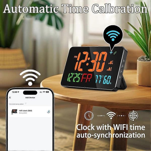 Digital Clock Alarm Clock WiFi Clock, Extra Large Letters, Temperature & Humidity, Calendar, Week, B