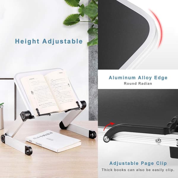 Book Holder Stand for Reading, Chef Recipe Book Stand Kitchen, Foldable Portable with Adjustable Book Clip for Textbook A4 Paper