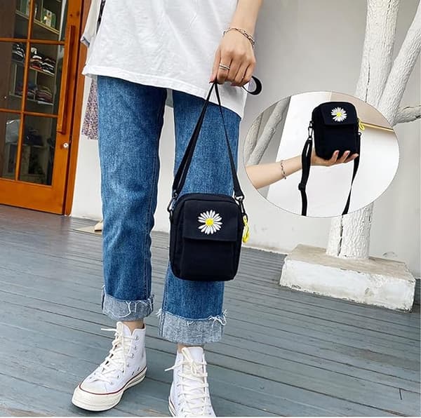 Crossbody Phone Bag, Cute Mini Canvas Shoulder Bag with Zipper, Double-Layer Cell Phone Wallets with Adjustable Strap