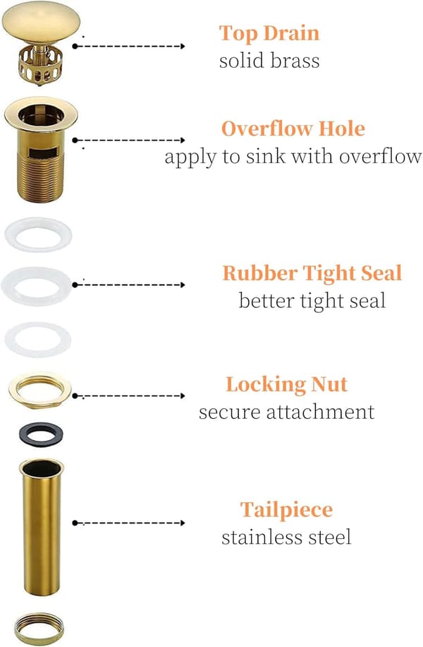 Bathroom Sink Drain with Overflow, Pop Up Drain Plug with Brushed Gold Finish and Brass Construction, Enhanced Bathroom Drain