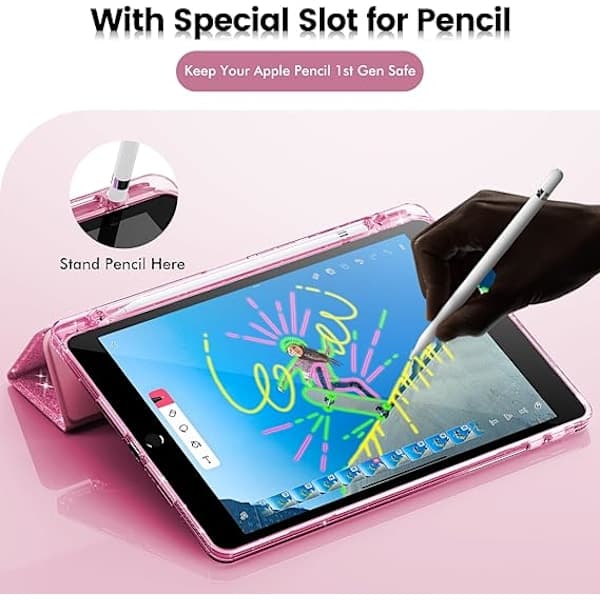 Fodral för iPad 9:e generationen 2021/ iPad 8:e generationen 2020/ iPad 7:e generationen 2019 10,2 tum, pennhållare för barn, rosa