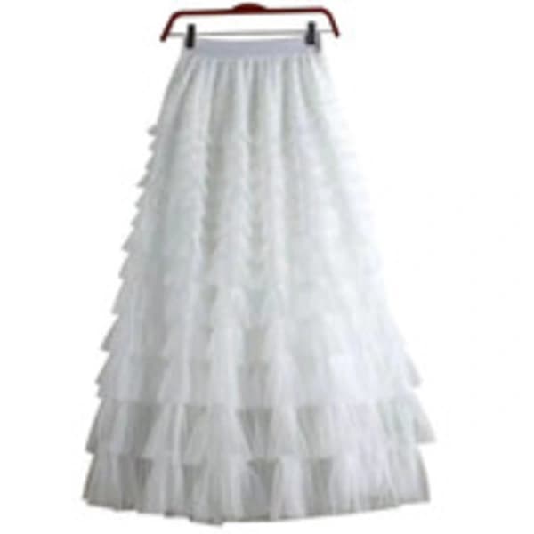 Women's New Multi-layered Ruffled Tulle Skirt, High Waist, White White M
