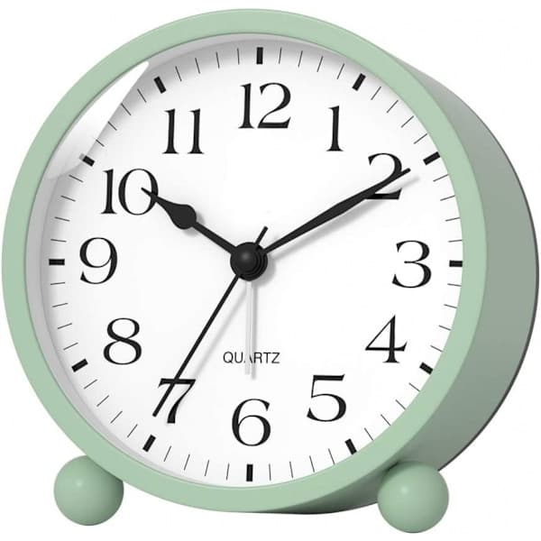 Silent Analog Alarm Clock with Night Light, Beep Sound, Gentle Wake, Battery Operated, Easy Setting (Green)