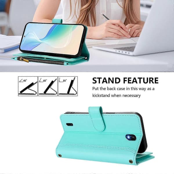 Plånboksfodral i läder med dragkedja, 9 kortplatser och magnetlås, utrustad med handrem Mintgrön Mintgrön för Nokia C01 Plus / C1 2nd Edition Mint Green For Nokia C01 Plus / C1 2nd Edition