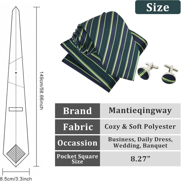 Sæt med slips og lommetørklæde til mænd, manchetknapper, vævet ternet, stribet slips til formel forretning, gallafest, bryllup, grøn stribe - Green Stripe