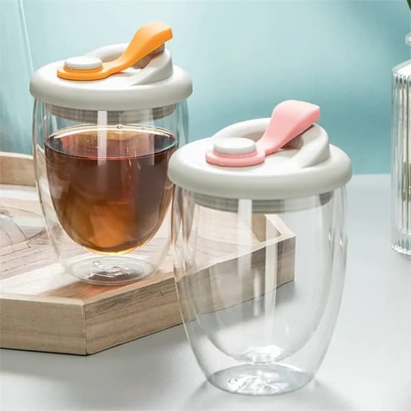 350 ml kaksiseinäiset espressolasit kahvilasit kahvimukit silikonikannella, lämpölasiset espressokupit, vaaleanpunainen
