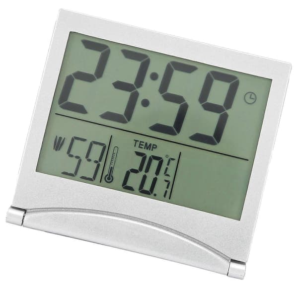 Kompakt sammenklappeligt rejsevækkeur med kalender, temperatur og timer