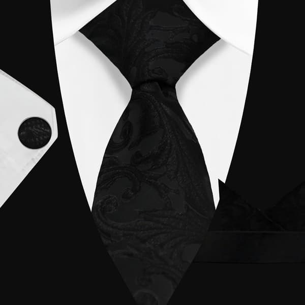 Herre slips sæt vævet silke til mænd og lommetørklæde manchetknapper striber ternet slips forretning bryllup sort mønster - Black Pattern