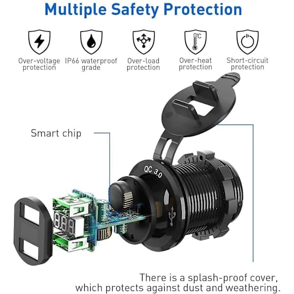 12V USB-stik, Dobbelt QC 3.0 USB-biloplader med afbryder, 36W USB Vandtæt Oplader (Kun Wi-adapter)