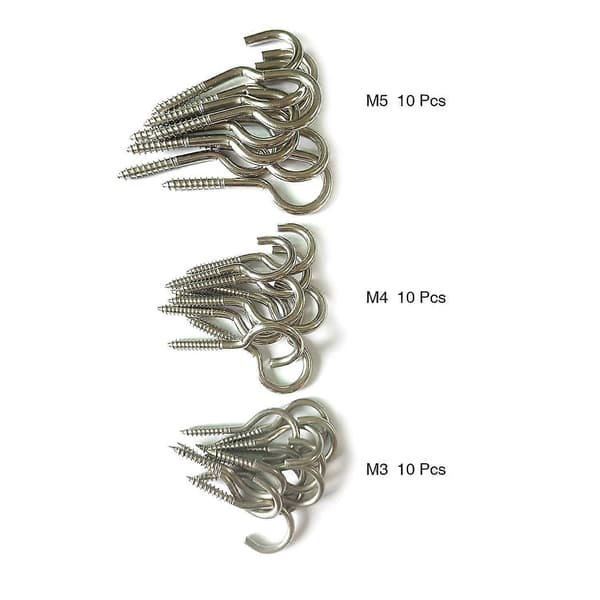 30 stk. rustfrie (304) skrukroker 3 størrelser 40mm 50mm 65mm øyeskruer robuste