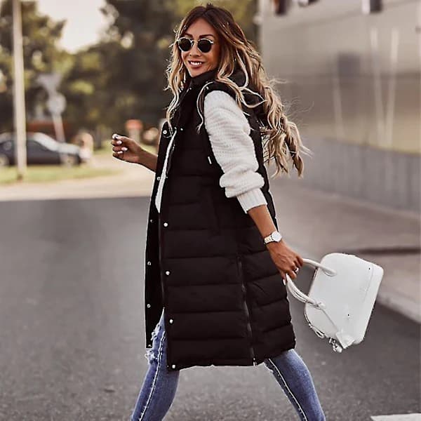 Women's Hooded Vest, Solid Color, Single-Breasted, Padded, Midi Length, Sleeveless, with Pockets Black Black L
