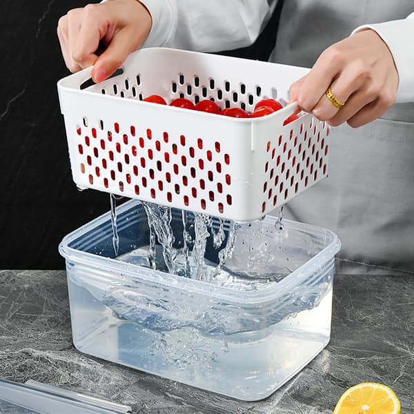 3-pack Drain Storage Basket Transparent Leak-Proof Food Storage Container with Removable Colander for Refrigerator