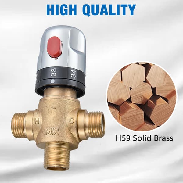 Thermostatic Mixing Valve, Solid Brass 3-Way Hot-Cold Water Regulator 1/2\" BSP (15mm) Connection